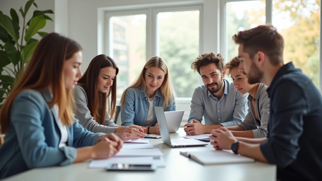 Skupina studenata radi zajedno u modernom uredu s bilješkama i laptopom