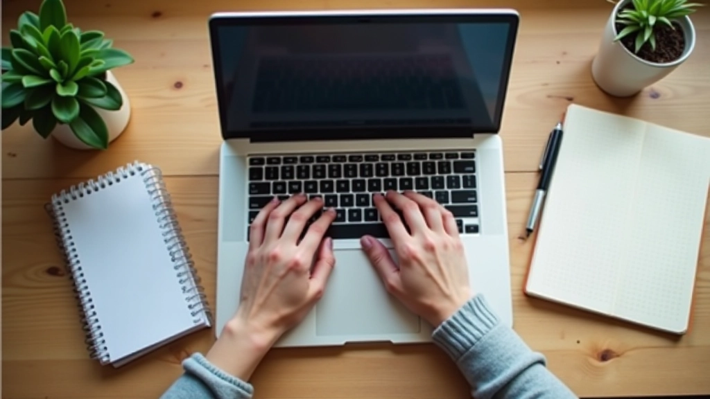 Ruke osobe kucaju na laptopskoj tipkovnici s papirom i olovkom do strane