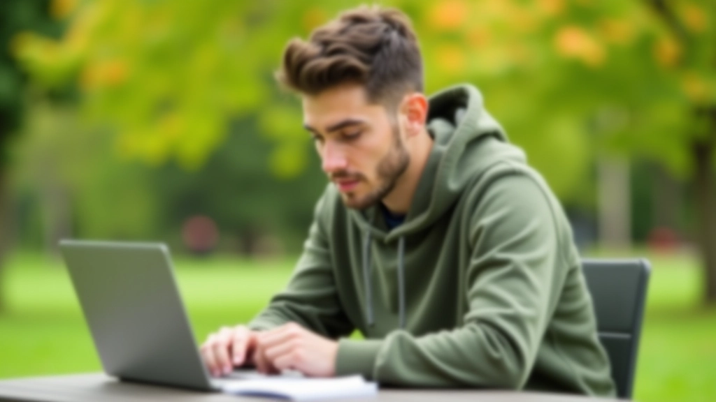 Muški student s laptopom piše za vanjskim stolom u parku