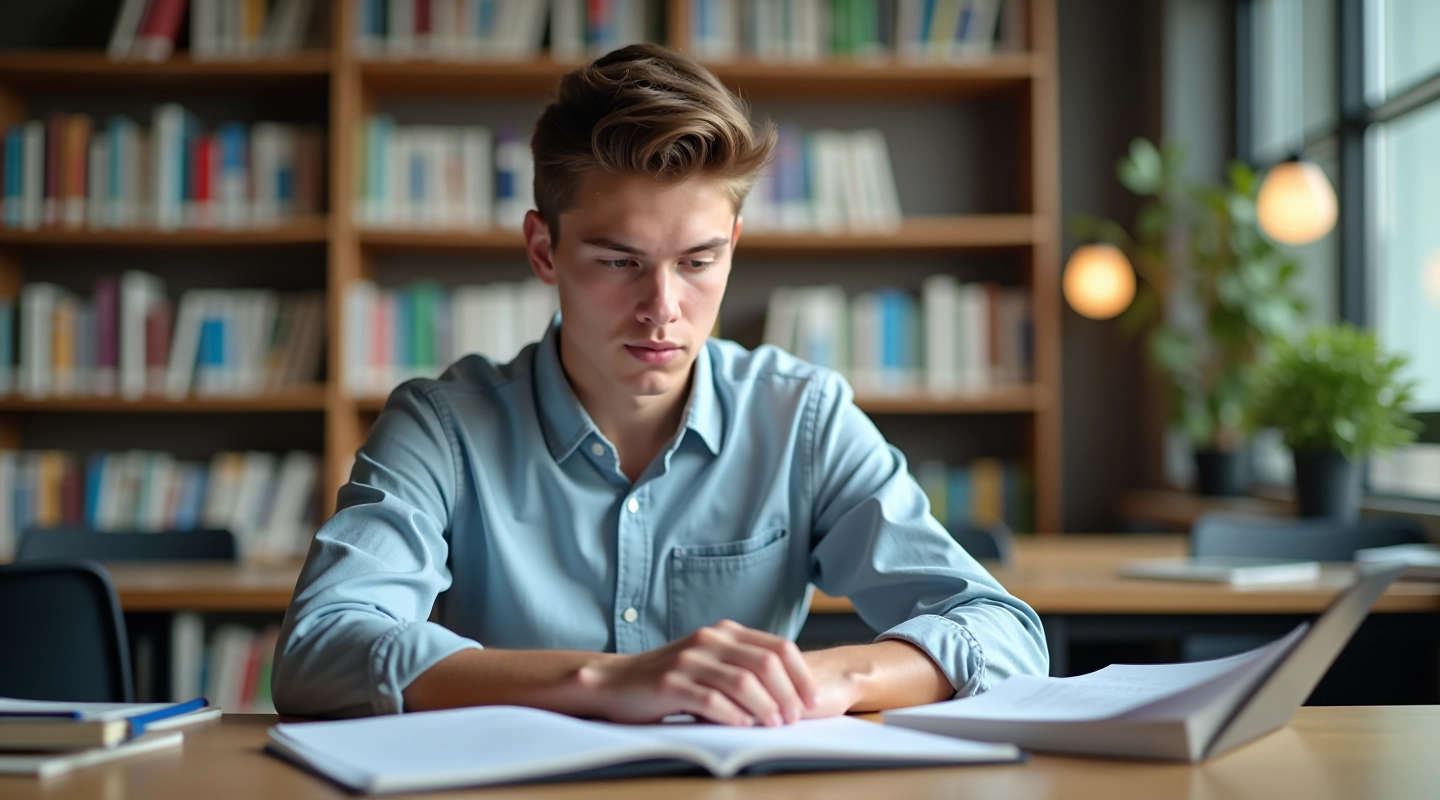 Student radi na računalu u sveučilišnoj knjižnici s knjigama i bilješkama